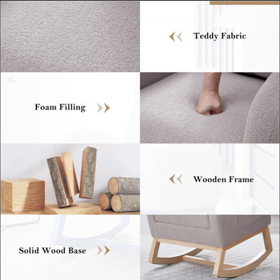 015B-Chaise berçante de loisir en tissu Teddy, chaise berçante de chambre de bébé avec repose-pieds réglable, appui-tête épaissi et dossier haut, poche de rangement sur le côté droit, la chaise berçante de base est en bois massif
