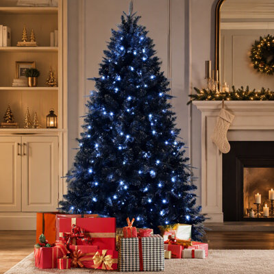 Sapin de Noël noir de 1,5 m avec 250 lumières DEL blanches, 1076 branches en PE+PVC pour l'Halloween et les fêtes, structure articulée avec pied en métal