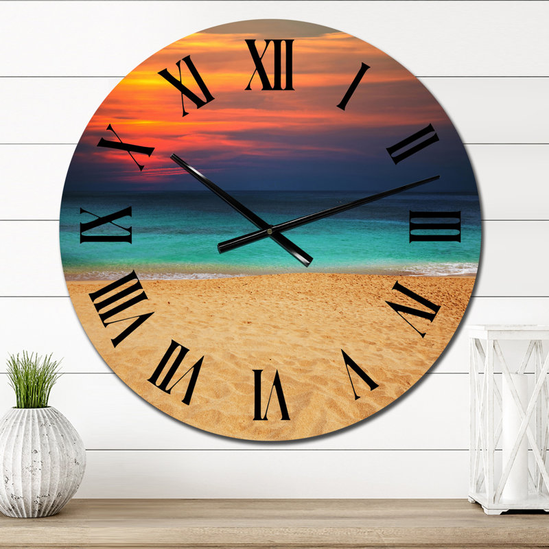 Vibrant Sunset In Orange, Purple Above The Beach - Nautical & Coastal wall clock, Small
