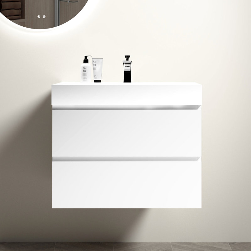 Lavabo blanc brillant Bb02 - 30 101, matériau de surface solide, style moderne, sans drain ni robinet, largeur 17,99 po, hauteur 6,53 po, finition intégrée 42,13 lb, look contemporain élégant, avec trop-plein, 30,45 po