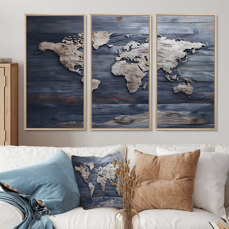 Rustic Route World Map I - Ensemble de décoration murale carte du monde, H 28 po x l 36 po x P 1 po, Cadre flottant en érable