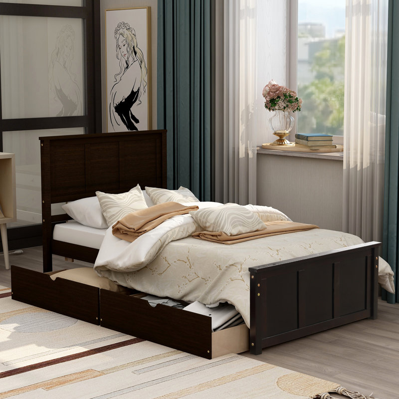 Lit plateforme simple avec 2 tiroirs amovibles en bois massif créé pour une chambre à coucher confortable, Espresso