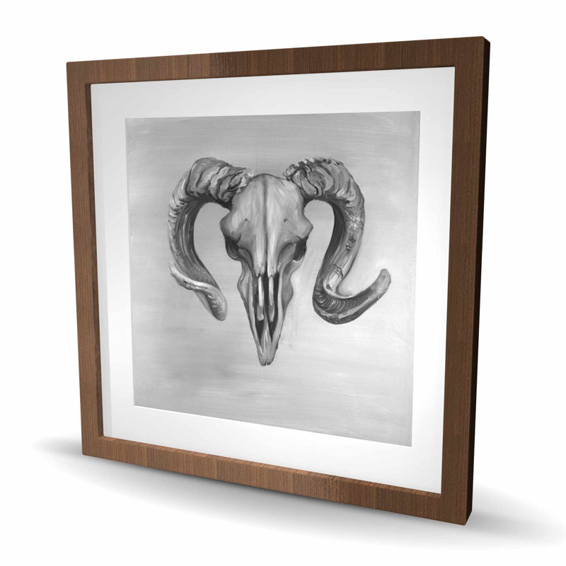 Grayscale Aries Skull - Framed Matted Print for Home Decor