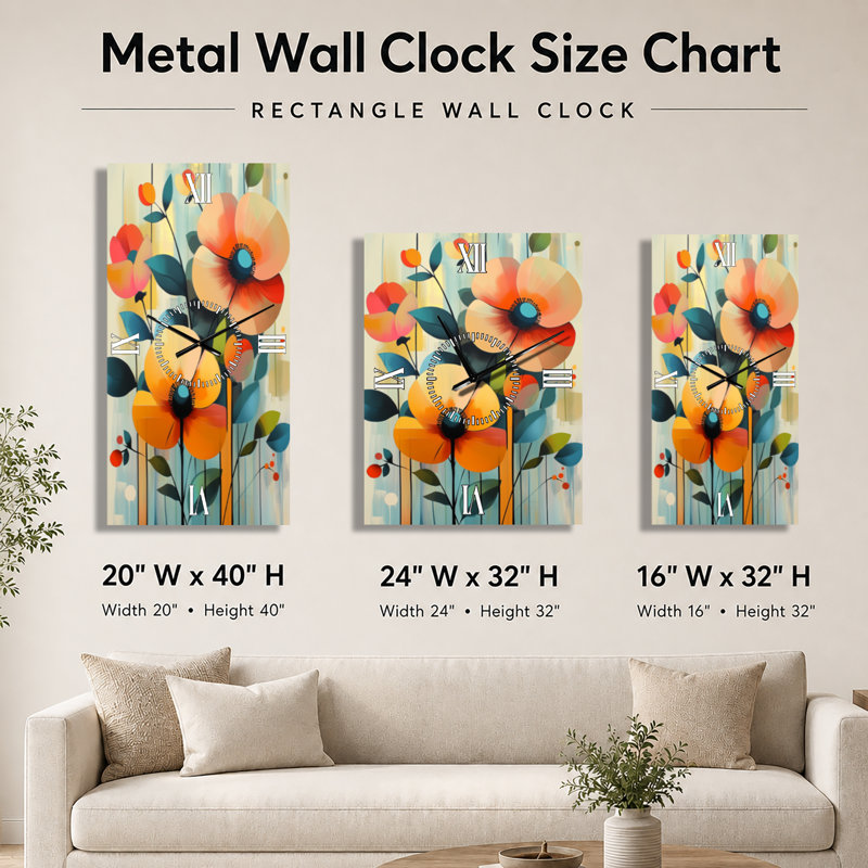 Panneau de papier peint rétro coquelicot I - Horloge murale en métal de style milieu du siècle, H 32 po x l 24 po - Rectangle