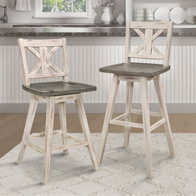 Pub Height Chairs Set Of 2, Distressed 360-Degree Swivel Chair Solid Rubberwood Furniture, X-Back Bar Chairs
