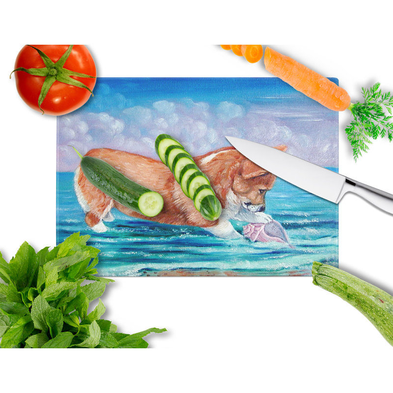 Caroline's Treasures Tempered Glass Corgi Sea Shell Find Cutting Board