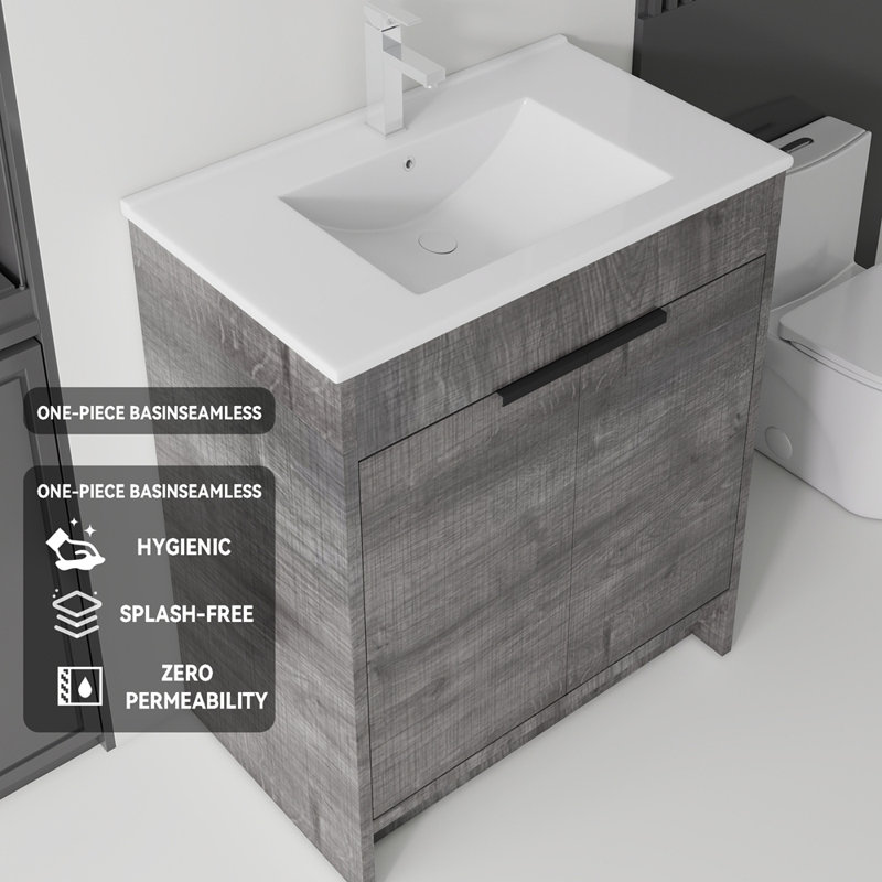 Meuble-lavabo autoportant de 36 po avec lavabo, tiroir en céramique, contreplaqué, gris, 36" W