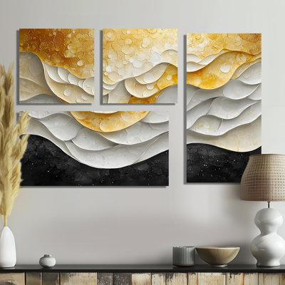 Aurore blanche blanche et jaune Wave Of Time I - Grande décoration murale abstraite 4 pièces