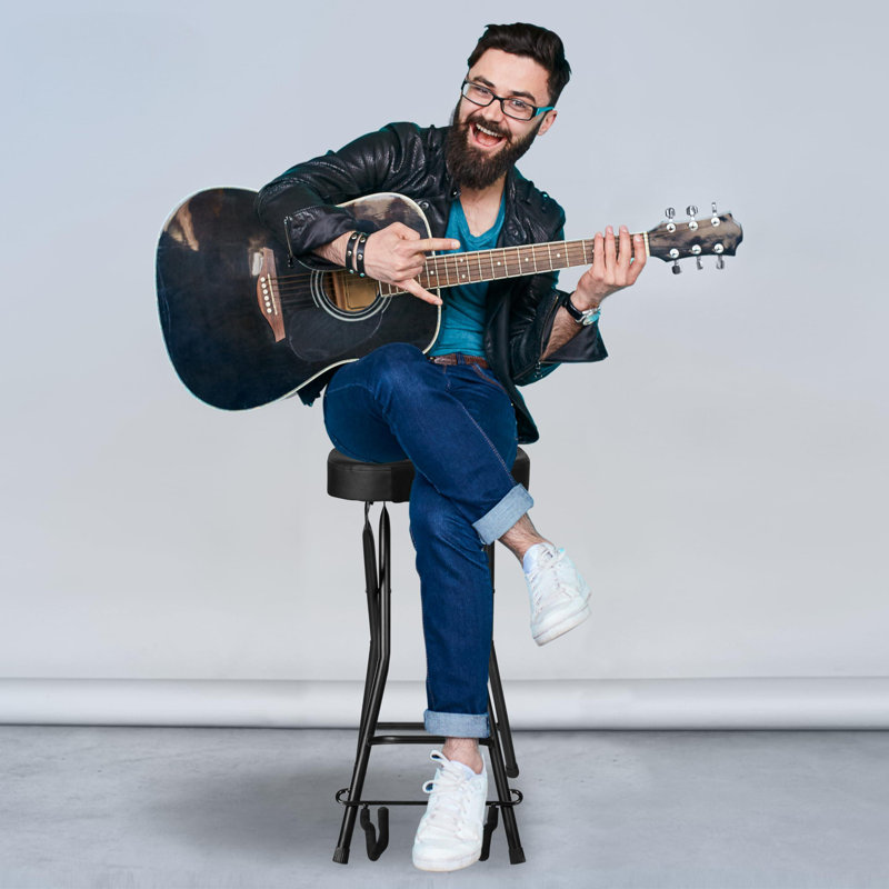 Siège avec coussin rembourré - Dossier robuste et ergonomique avec support pliable, repose-pieds, conception pliable, supporte les guitare acoustique, électrique et basse, capacité de charge maximale de 300 lb