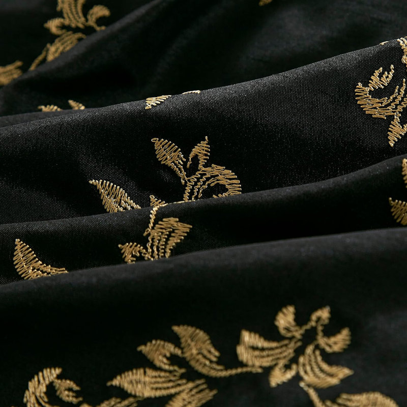  7-Piece Faux Silk Black Gold Embroidered Comforter Set, California King Comforter + 6 Additional Pieces 