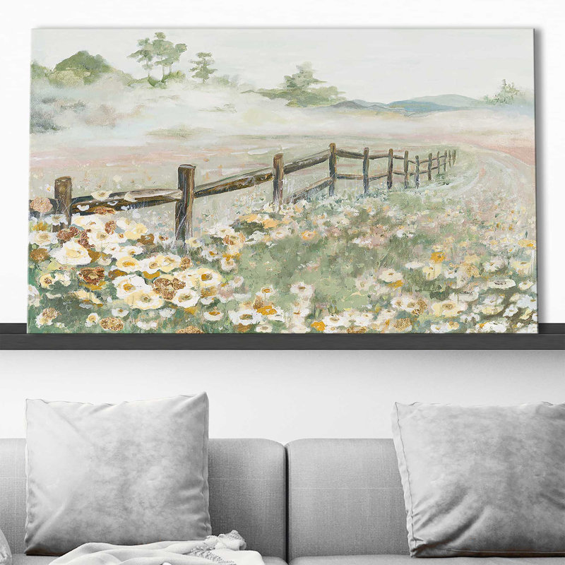 Clôture avec fleurs par Patricia Pinto - Peinture, H 24 po x l 40 po x P 1,5 po, Toile tendue