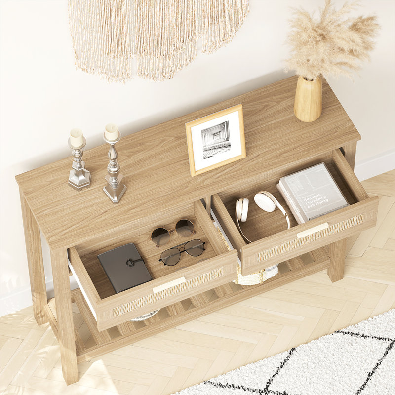 Console 39 po avec 2 tiroirs et tablette ouverte Boho