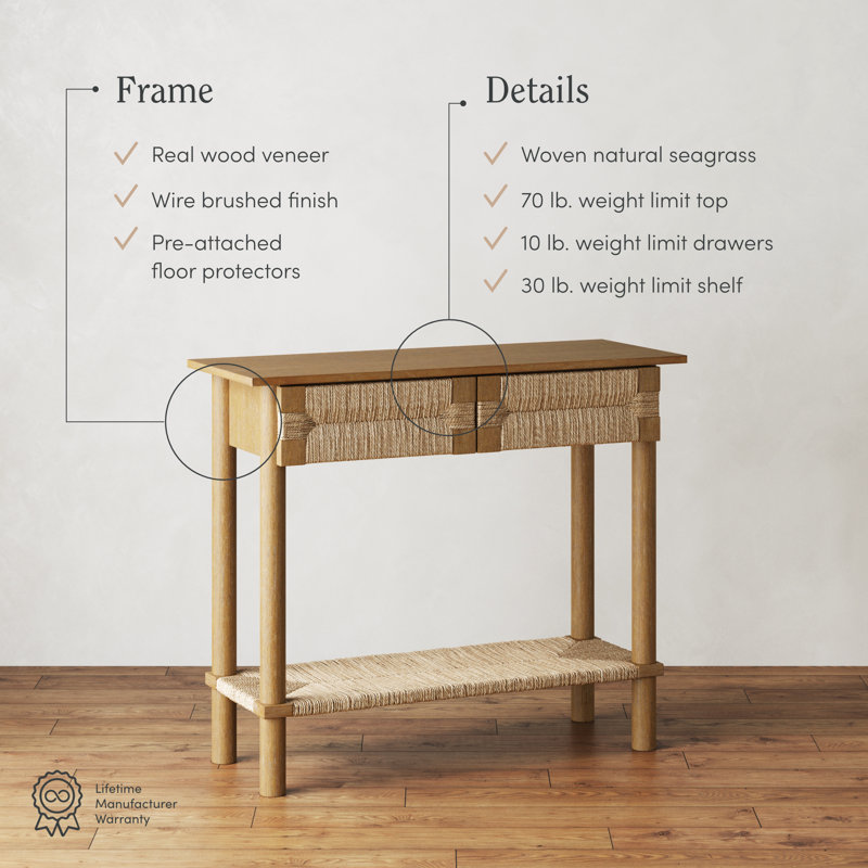 Beacon Light Brown Wood Console Table with Seagrass Storage