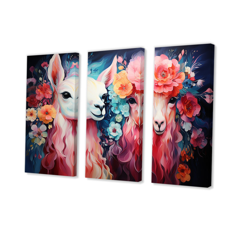 «Pink Fluffy Alpacas Floral Portrait», art mural Alpaca, H 28 po x l 36 po
