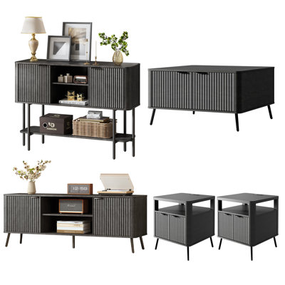 5-Piece Modern Stripe Living Room Furniture Set with Lift-Top Coffee Table, Charging End Tables, TV Stand & Entryway Console Table