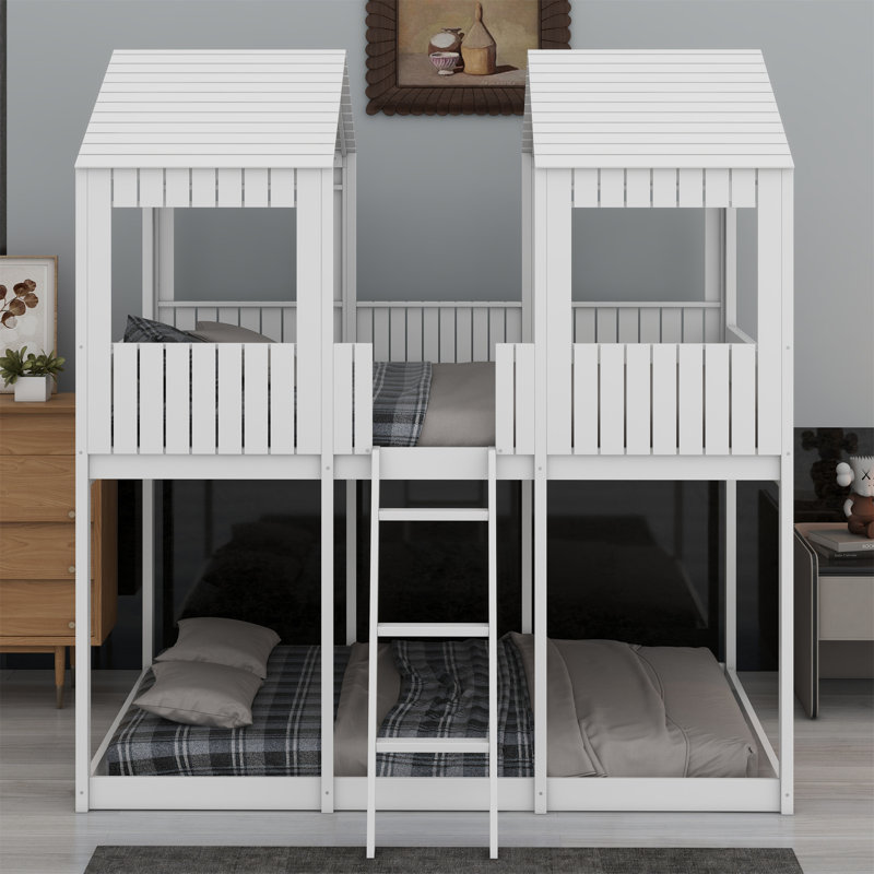 Lit superposé en bois avec toit, fenêtre, garde-corps, Blanc