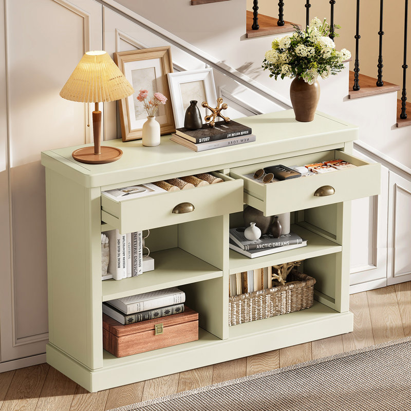 Console Bely Farmhouse avec 2 tiroirs et tablettes de rangement ouvertes, Console de rangement blanche avec 2 tiroirs