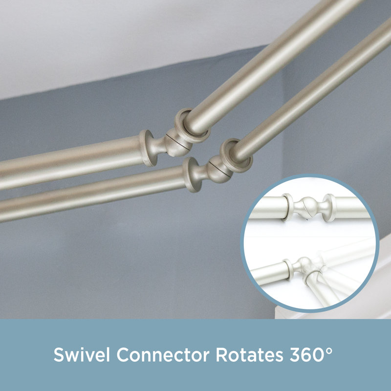 Brushed Nickel Steel Double Bay Window Curtain Rod with Square Finials