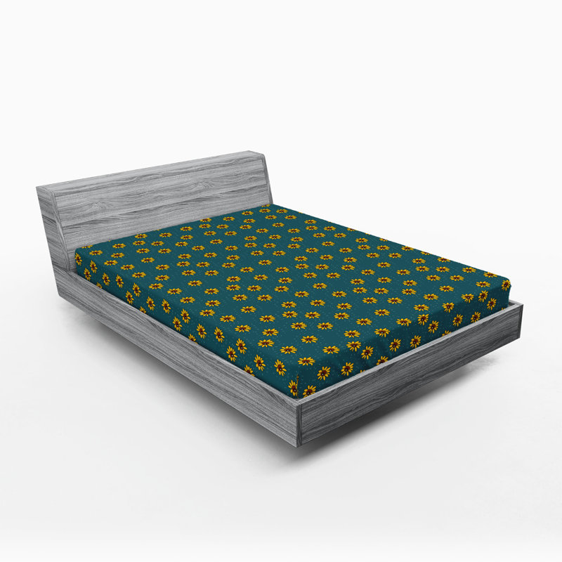 Ensemble de 2 draps-housses Ambesonne, Drap-housse de taille double, Bleu sarcelle foncé, jaune / floral