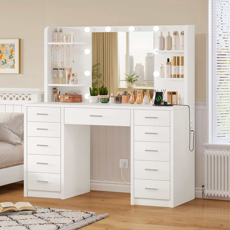 Vanity Desk With Mirror And Lights, Power Outlet, Makeup Vanity Table With 11 Drawers, 4 Open Storage Shelves & 5 Hooks, 3 Lighting Modes Brightness Adjustable, Vanity Table For Bedroom, White