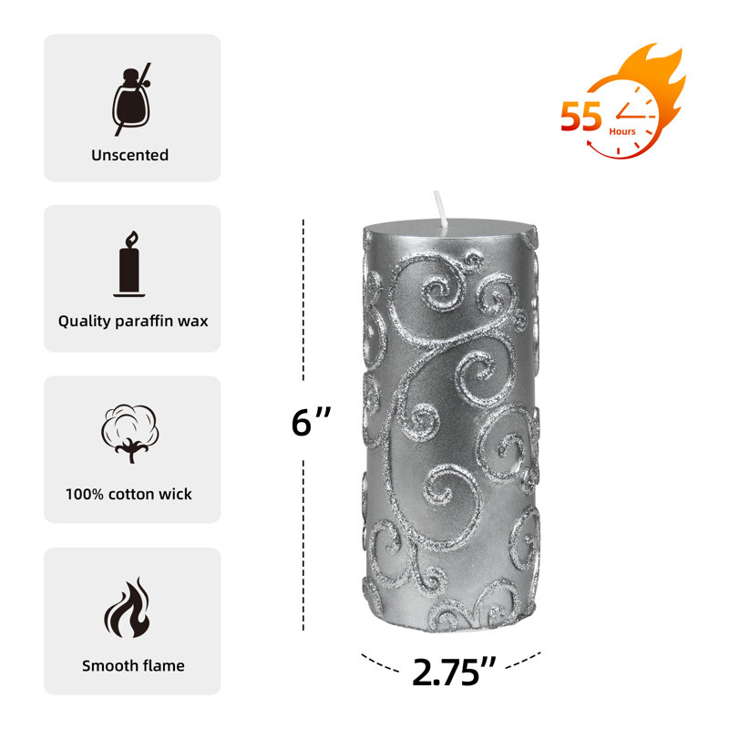 Bougie cylindrique sans parfum à volute, H 6 po x D 3 po, Argent, Ensemble de 12