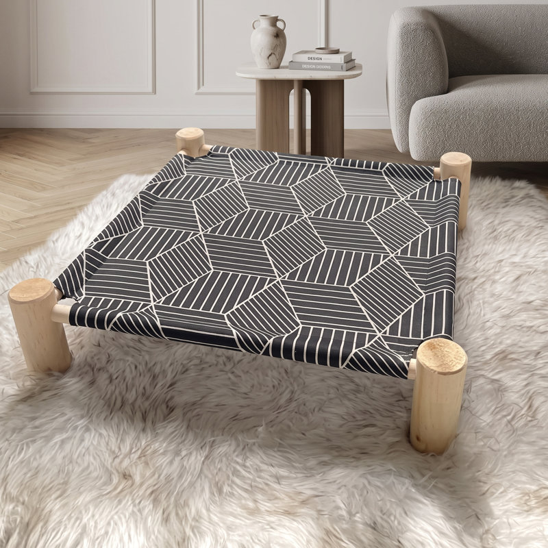 Lit surélevé portatif en maille respirante pour animaux de compagnie, cadre de repos surélevé en bois pour chatons, chiots et petits animaux de compagnie, motif diamant noir, utilisable à l'intérieur comme à l'extérieur