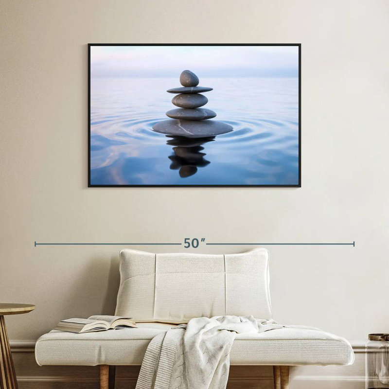 Zen Stone Balance, Cadre flottant noir, 40 po x 27 po