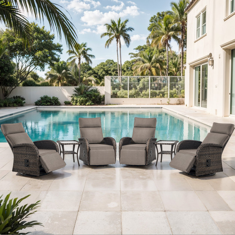 Patio Recliner Swivel Chair With Adjustable Backrest & Footrest, All-Weather Outdoor Chaise Lounge Chair Set Of 4 With 2 Side Table