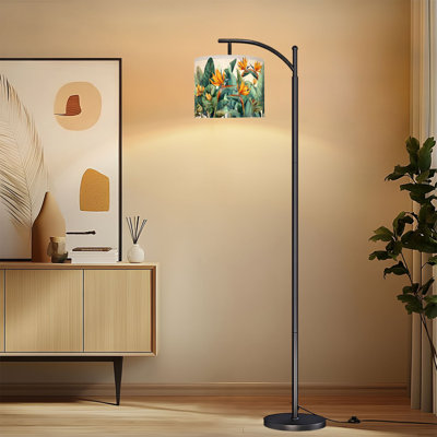 Arc Floor Lamp with Adjustable Lampshade Bird Paradise Watercolor Tropical Flowers Coastal Beachy Black Frame Standing Lamp 3 Color Temperatures Dimmable Tall Pole Lamp with Foot Switch for Bedroom