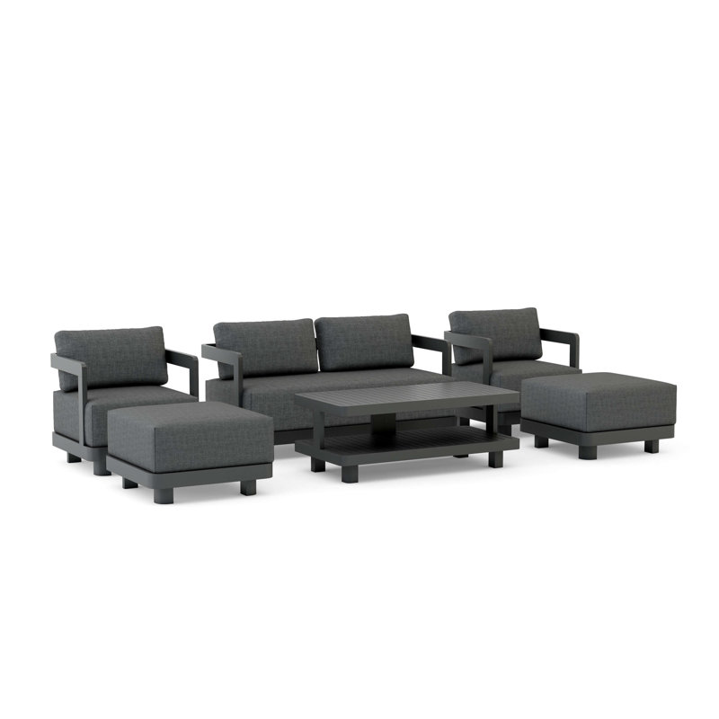 Ensemble de conversation avec coussins Massud Sunbrella, 2 fauteuils, causeuse, 2 repose-pieds, table,, Gris anthracite moulé