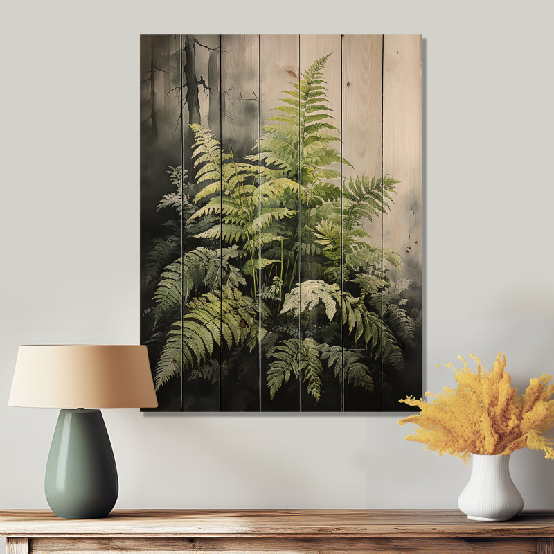Fougères vertes et noires, contraste dynamique I sur bois, H 40 po x l 30 po x P 0,78 po