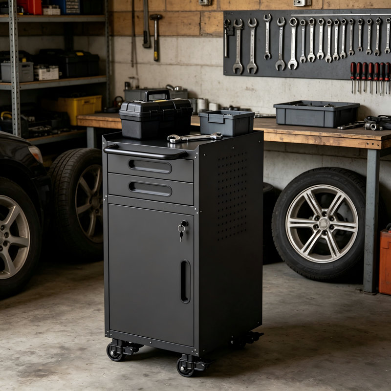 Armoire à outils 34,3 po en métal à roulettes étroites, rangement de garage peu encombrant avec porte verrouillable, 2 tiroirs et grande poignée, organisateur mince pour espaces restreints
