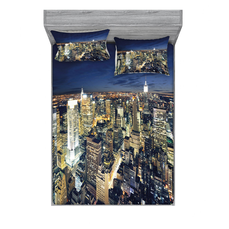 Ensemble de draps Cityscape After Sunset Manhattan New York, Ensemble de drap pour grand lit avec drap-housse