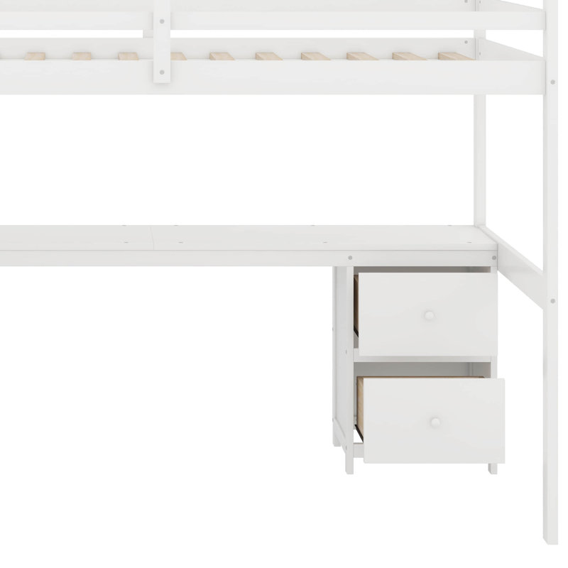 Twin Size Loft Bed With Built-In Desk And Drawer, White
