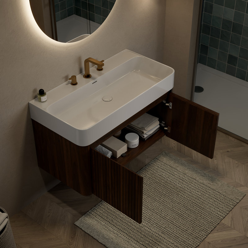 Meuble-lavabo suspendu de 76 cm et 91 cm avec lavabo, armoire de rangement murale, lavabo intégré en surface solide blanc brillant/beige crème chaud, 3 trous prépercés pour robinetterie, portes à fermeture amortie, armoire en noyer et chêne clair
