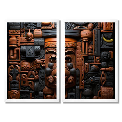 Motif de masques de Kuba africain brun et noir - Masque africain, ensemble d'art mural encadré de personnes brunes
