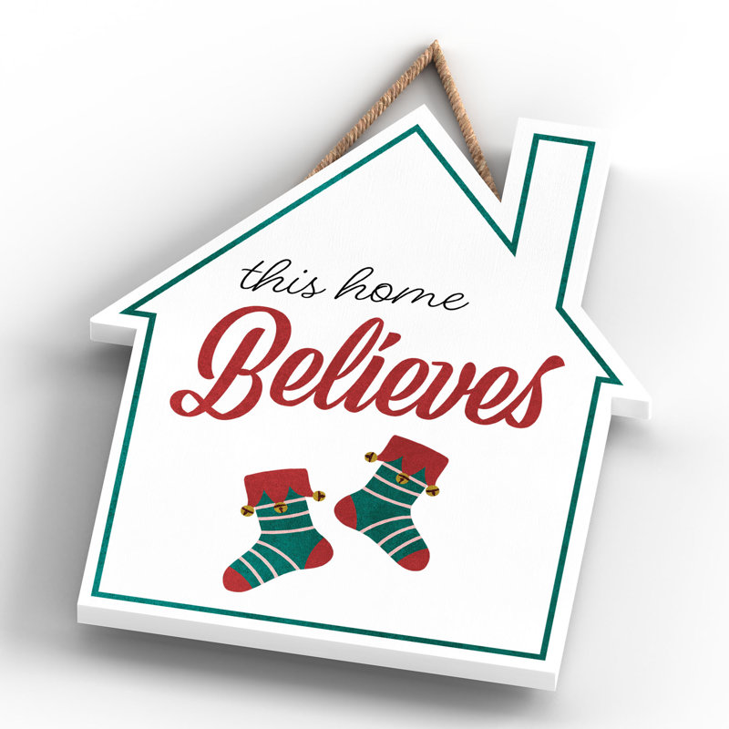 Xmas This Home Believes Wooden House Plaque, 18.5cm H x 16cm W x 0.9cm D