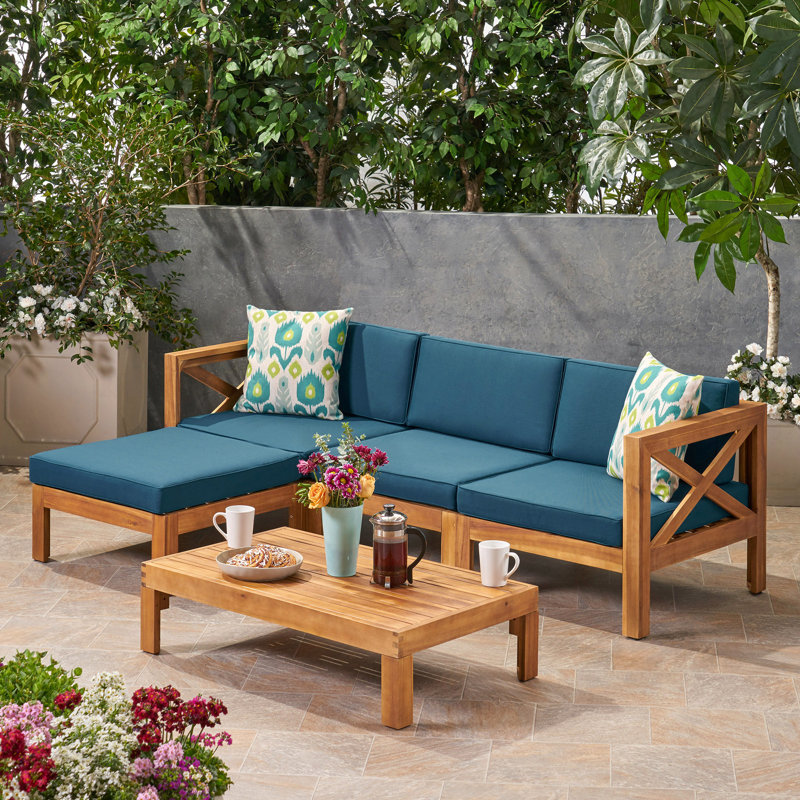 Ensemble de canapé en alcôve Lhape, Coussin bleu / structure en teck