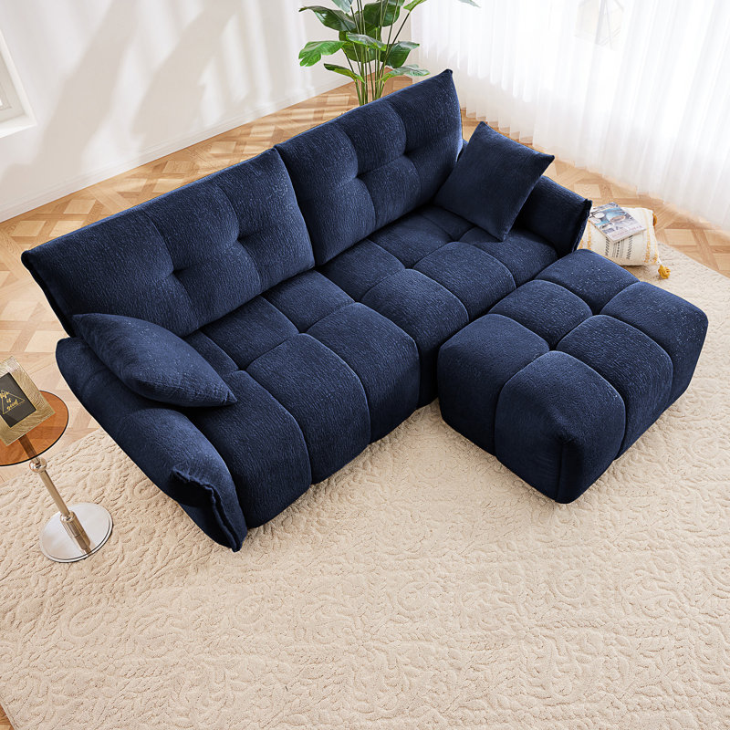 Canapé en tissu d'ameublement avec repose-pieds Chenille, Bleu, H 35,4 po x l 78,7 po x P 61 po