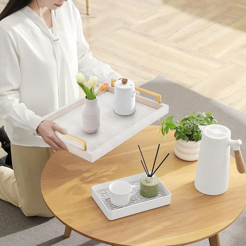 Plateau rectangulaire Shagreen, plateau de service en similicuir avec poignées dorées