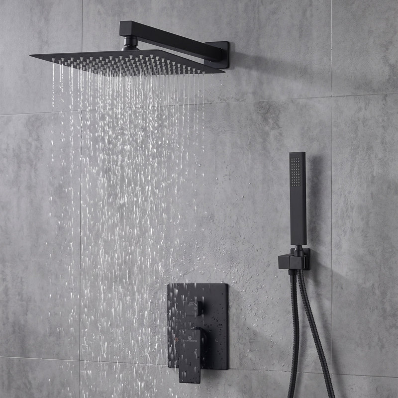 Système de douche à pluie haute pression 10 po, robinet de douche mural avec valve à pression équilibrée, Laiton / noir mat