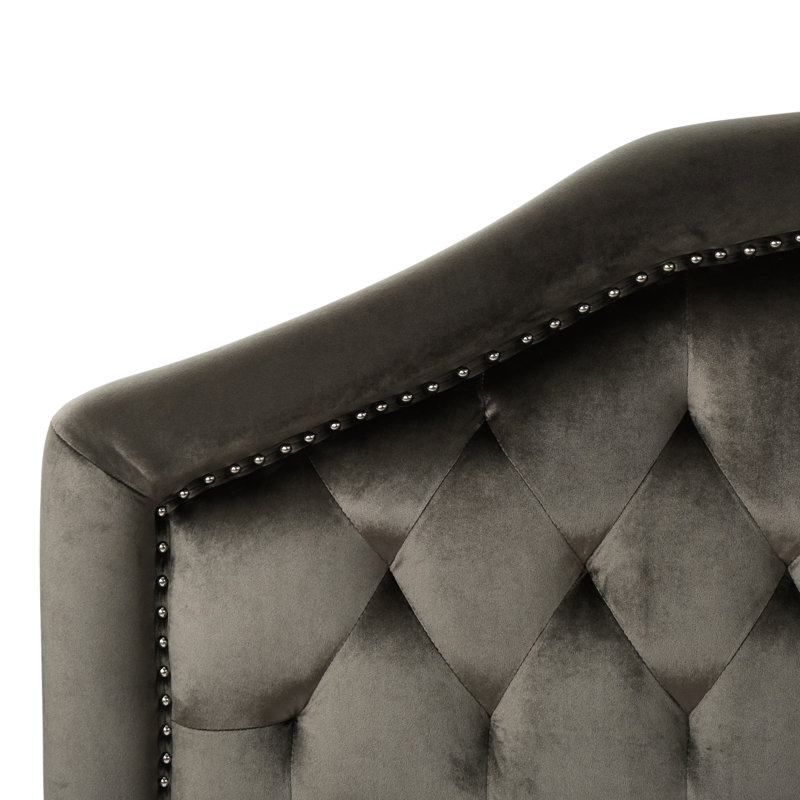 Grey Headboard With Velvet Covering And Modern Style Full Sized Headboard, Accentuating Button Refinement Nailhead, Full 