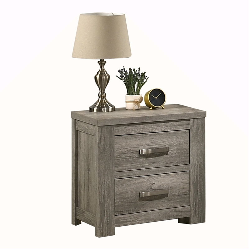 Table de chevet contemporaine à deux tiroirs en bois, gris vieilli