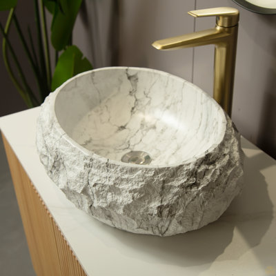 18'' Bathroom Sink, Irregular Oval Resin Vessel Basin With Stone Pattern, NO Faucet