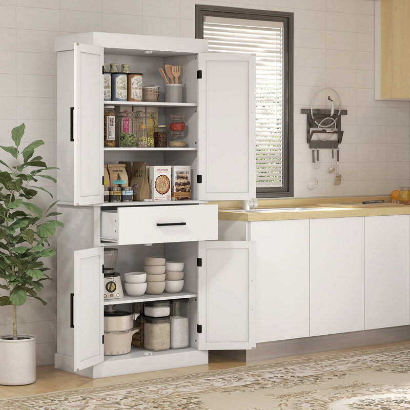 Armoire de rangement pour garde-manger de 72 po de hauteur avec portes en rotin et tiroir, Noir, Blanc