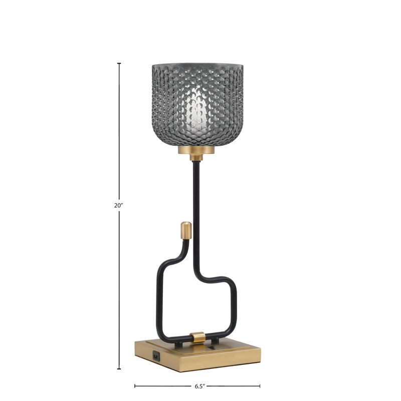 Lampe décorative Amarmula, avec ports USB, fini noir mat et laiton vieilli, verre texturé fumé 6 po, Doré, Transparent/noir