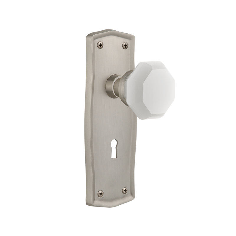Plaque Prairie avec trou de serrure décoratif et bouton de lait blanc Waldorf, Nickel satiné, 2 3/4 po