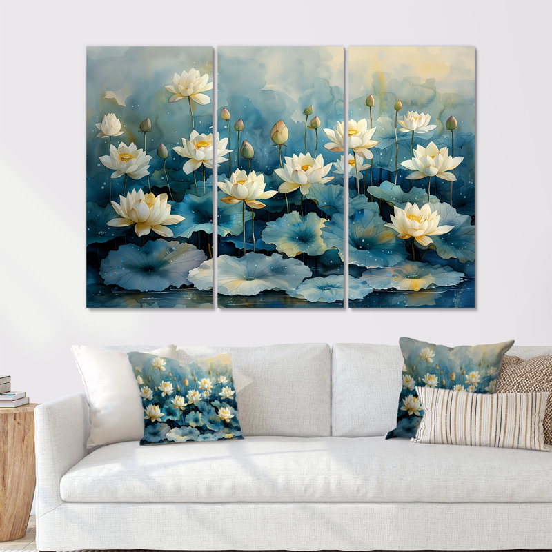 «White Blue Lotus Pond Reflections», ensemble d'art mural lotus, H 28 po x l 36 po x P 1 po