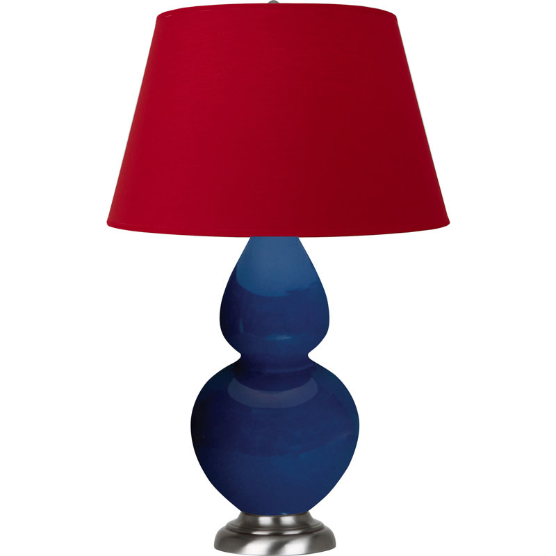 Lampe de table double gourde en céramique, Cobalt émaillé / argent antique, Blanc cassé, Argent argent