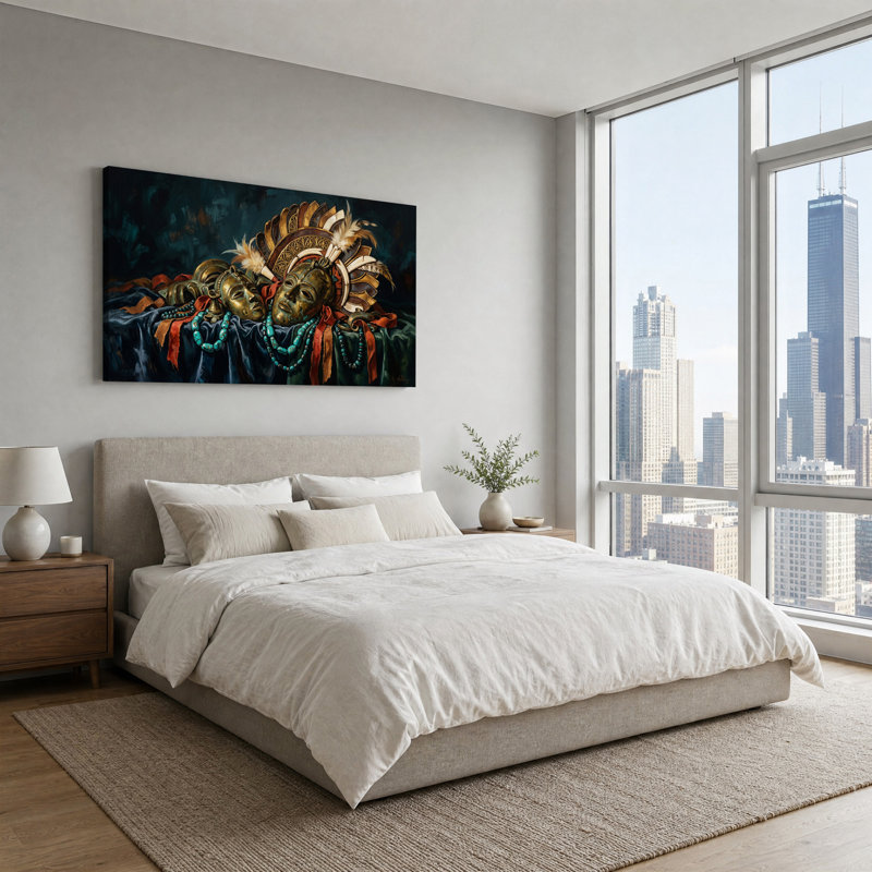Art mural sur toile Masques dorés et couronne de plumes avec perles turquoise, 32“W x 16”H